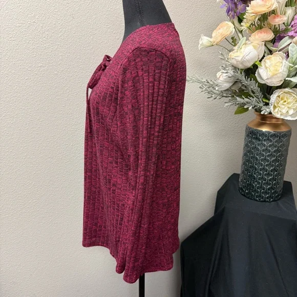 Chenault Burgundy Lace-Up Long Sleeve Textured Knit Top L Fall Winter - Picture 2 of 9